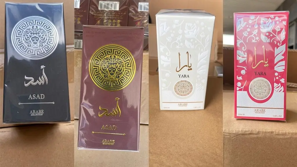 Cajas de perfumes que imitaban a una marca de Dubái, secuestradas en el puerto de Montevideo. Foto: Subrayado