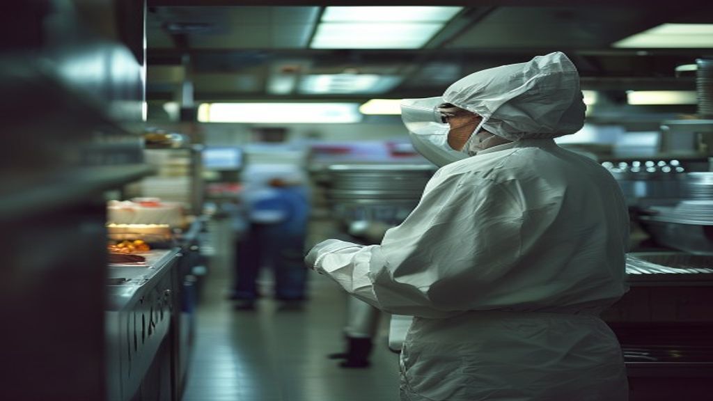 Un oficial de salud pública inspeccionando una cocina comercial, con equipos de preparación de alimentos de fondo, en el marco de una investigación por brote de enfermedad.