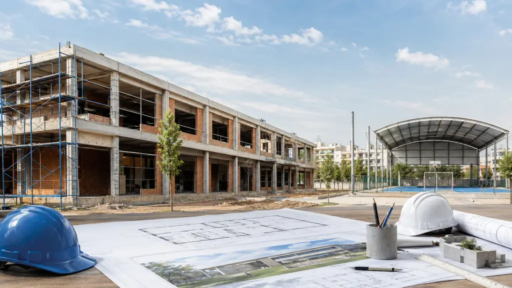 Obra de un centro educativo junto a un polideportivo, con planos y cascos de construcción en primer plano.