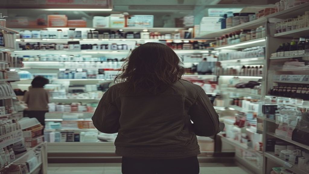 Persona comprando protectores solares en una farmacia