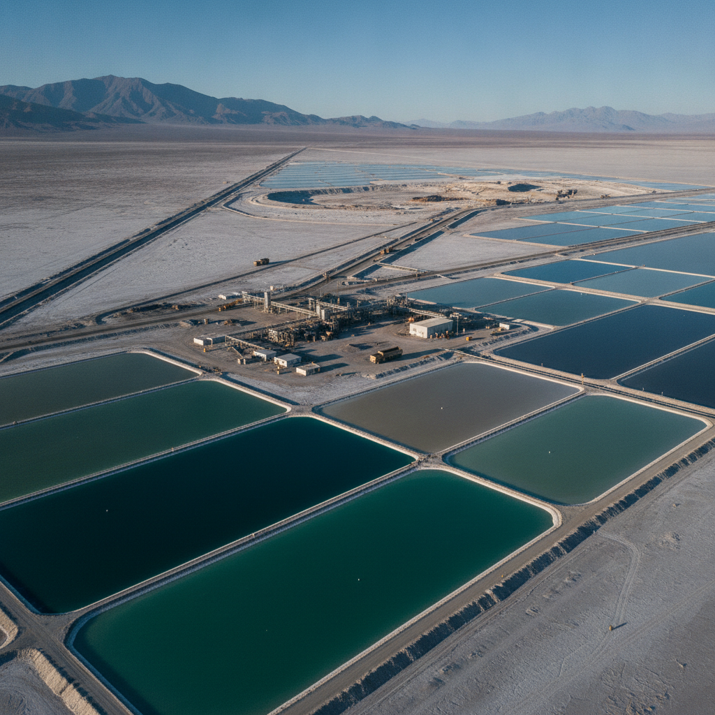 Vista aérea de una mina de litio en el Salar Tres Quebradas, Catamarca, con piletas de evaporación y estructuras de procesamiento bajo el sol.