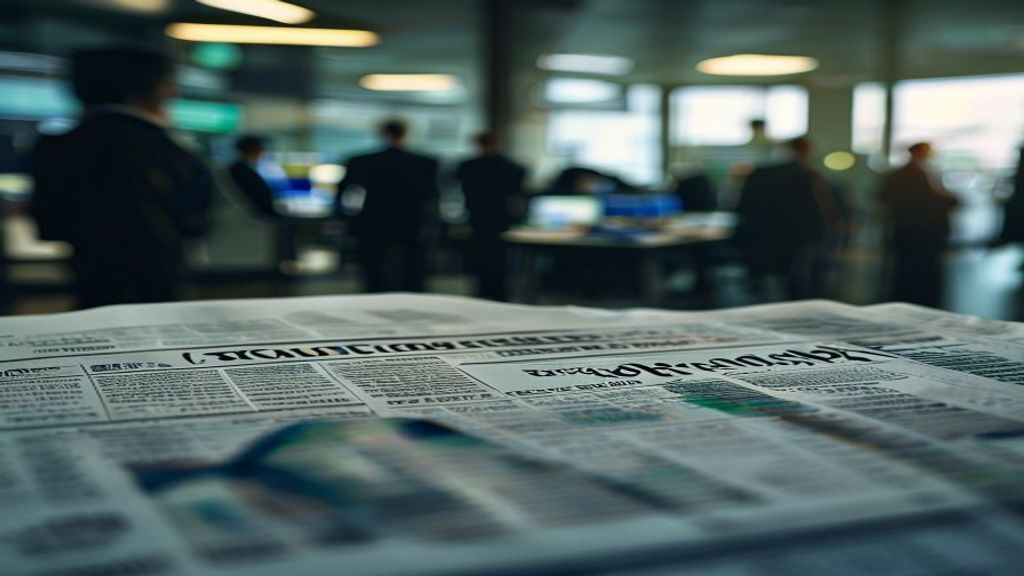 Detalle de un periódico financiero con datos de mercado y rendimientos de bonos, con el fondo borroso de operadores en una oficina moderna.