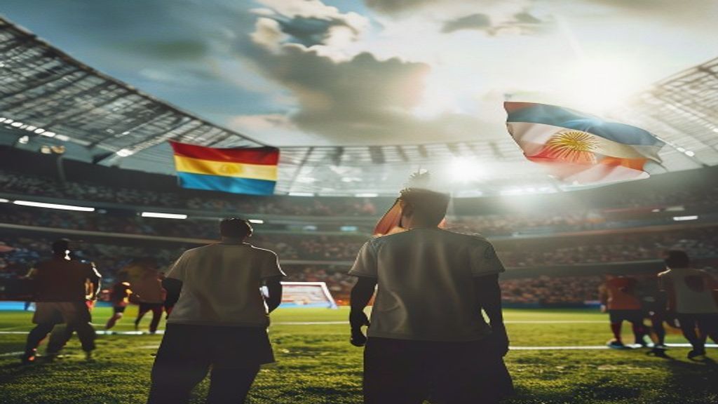 Aficionados de Argentina y España en un estadio de fútbol