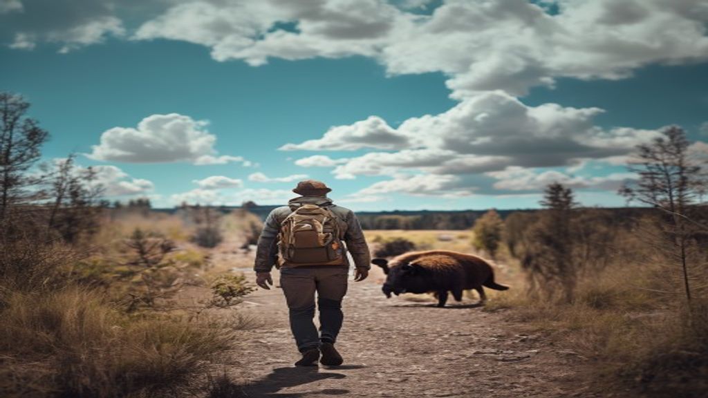 Un turista caminando en el Parque Nacional Yellowstone con un bisonte en el fondo
