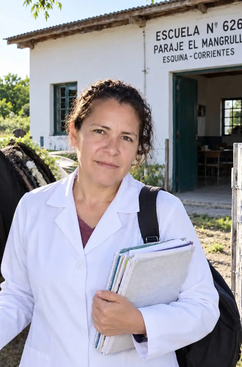 Nanci Estela Godoy, frente a la escuela donde trabajaba, en Esquina, Corrientes. Foto: La Nación