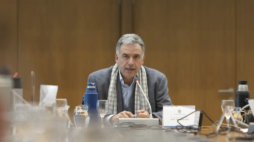 Yamandú Orsi habla desde un estrado durante una instancia del Consejo de Ministros. Foto: Emiliano Arostegui, Martín Pérez / Presidencia / Wikimedia Commons (CC BY 2.0) (archivo)