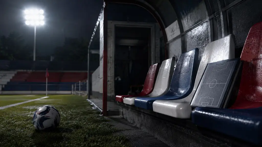 Ilustración editorial de un banco técnico vacío en una cancha, con una pizarra táctica y una pelota.