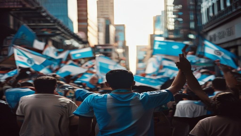 Charly García en el balcón de su edificio, rodeado de hinchas argentinos que celebran el pase de la Selección a la final del Mundial