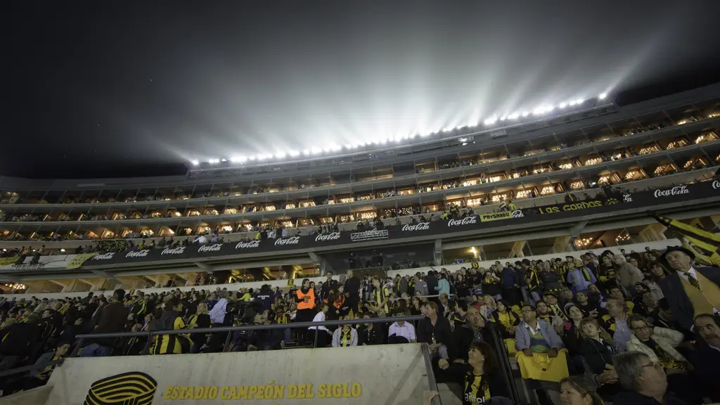 Hinchas de Peñarol en la tribuna del Estadio Campeón del Siglo durante un partido nocturno (archivo). Foto: Jimmy Baikovicius / Wikimedia Commons (CC BY-SA 2.0)
