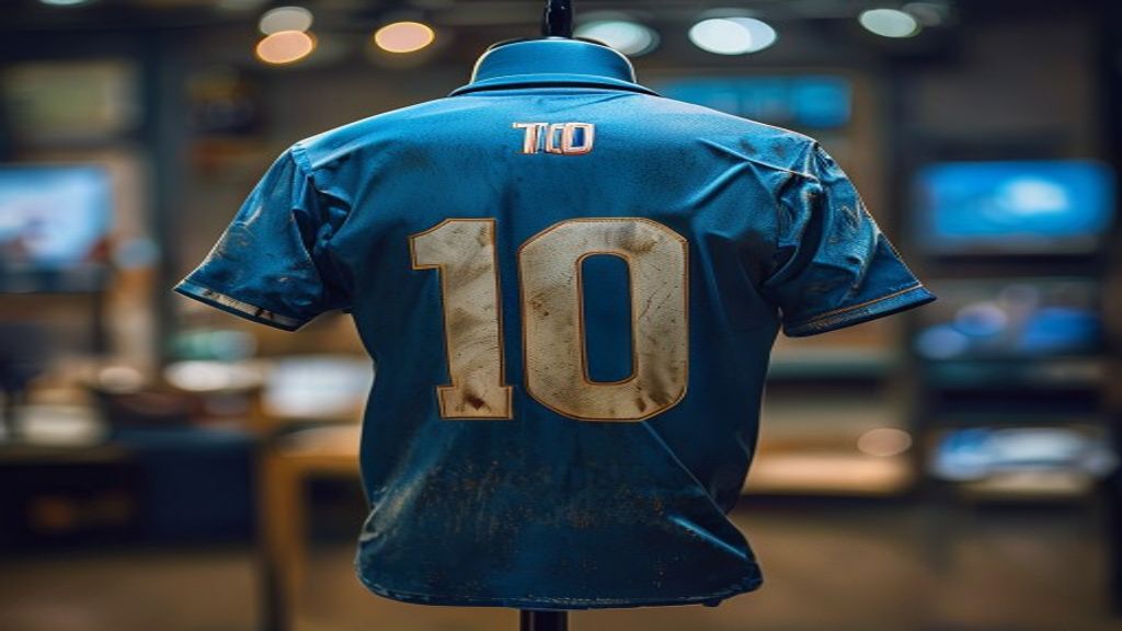 Una camiseta de fútbol azul vintage con el número 10 en la espalda, exhibida en un entorno sobrio, evocando la mítica casaca de Diego Maradona del Mundial 86.