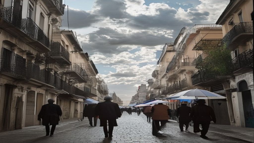 Calle empedrada en San Telmo con nubes grises y personas caminando con paraguas