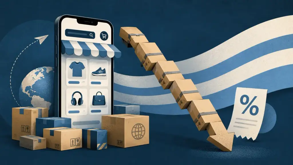Ilustración editorial de paquetes de compras web junto a una computadora, una tarjeta y un gráfico descendente de envíos en Uruguay.