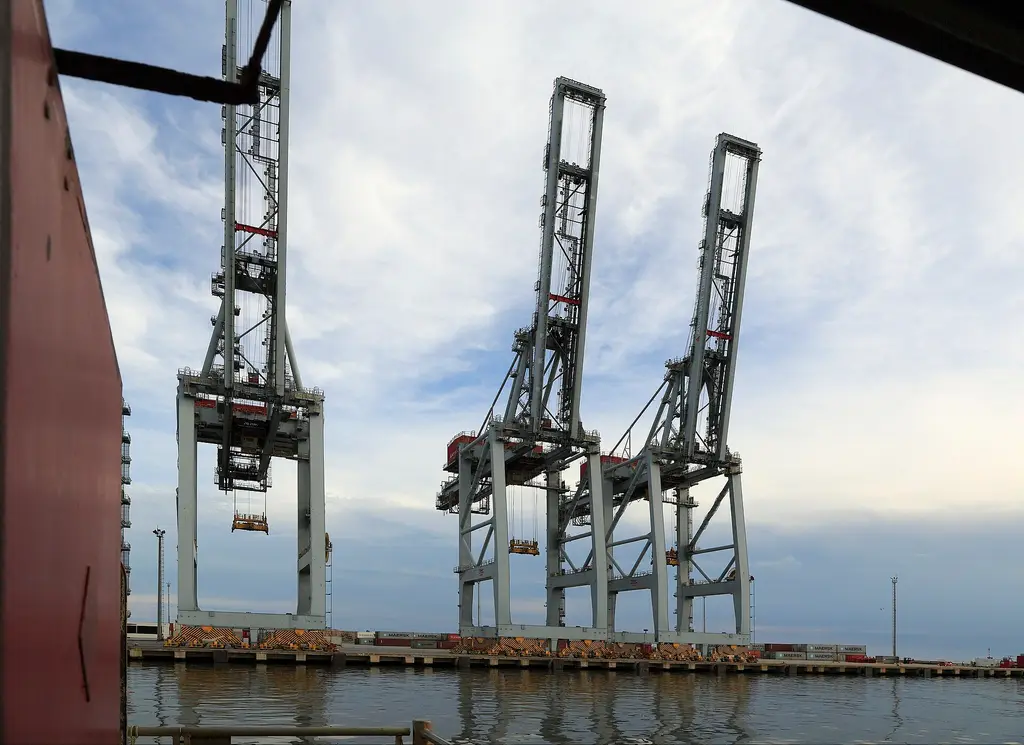 Grúas de contenedores de la terminal especializada del puerto de Montevideo. Foto: Falk2 / Wikimedia Commons (CC BY-SA 3.0 de) (archivo)