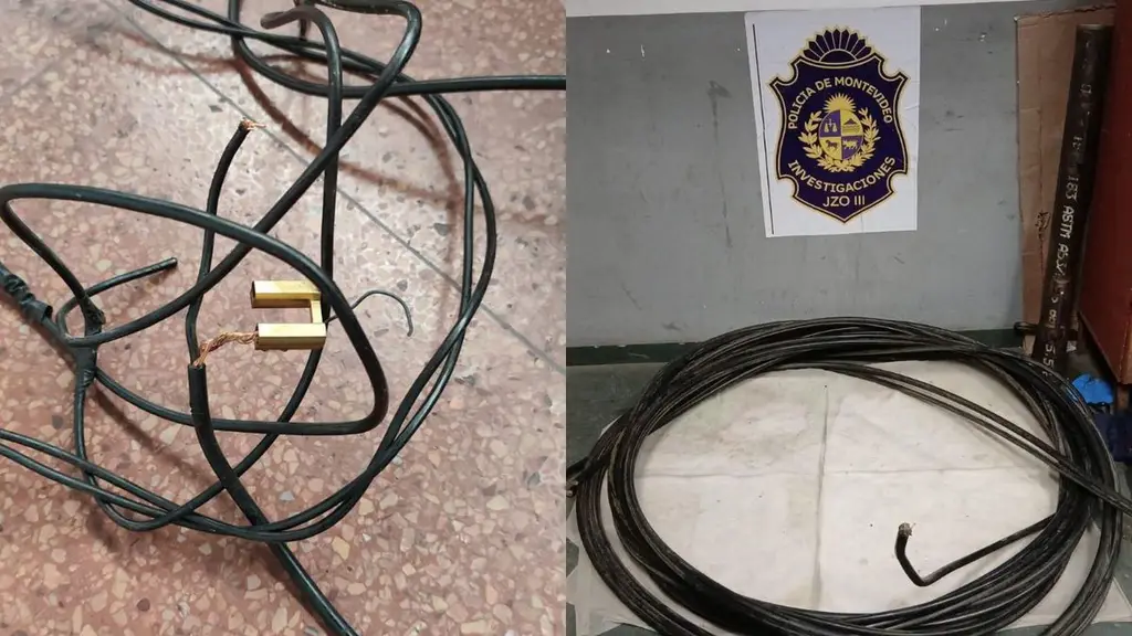 Cable incautado junto al escudo de Investigaciones de la Policía de Montevideo. Foto: Subrayado