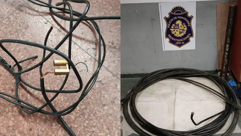 Cable incautado junto al escudo de Investigaciones de la Policía de Montevideo. Foto: Subrayado