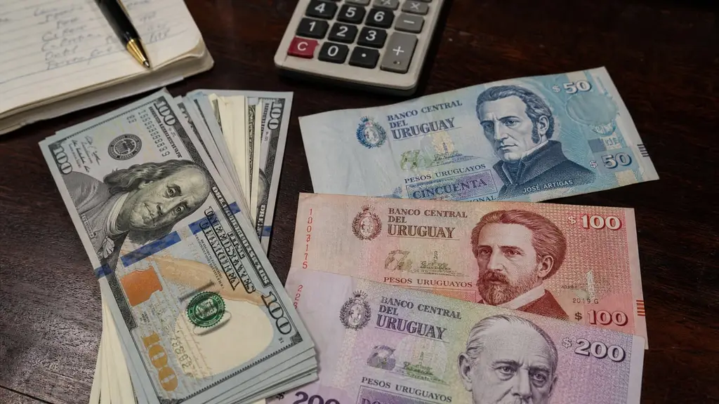 Billetes de dólares y pesos uruguayos sobre un mostrador, sin cotizaciones legibles. Ilustración editorial · Nación UY