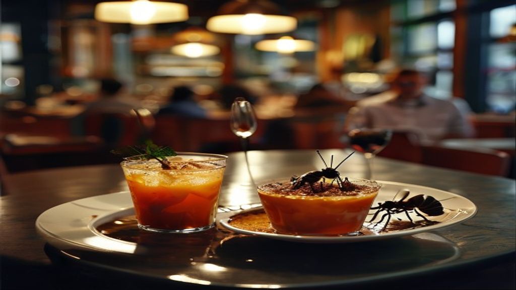 Plato de sorbete con hormigas secas en un restaurante de lujo