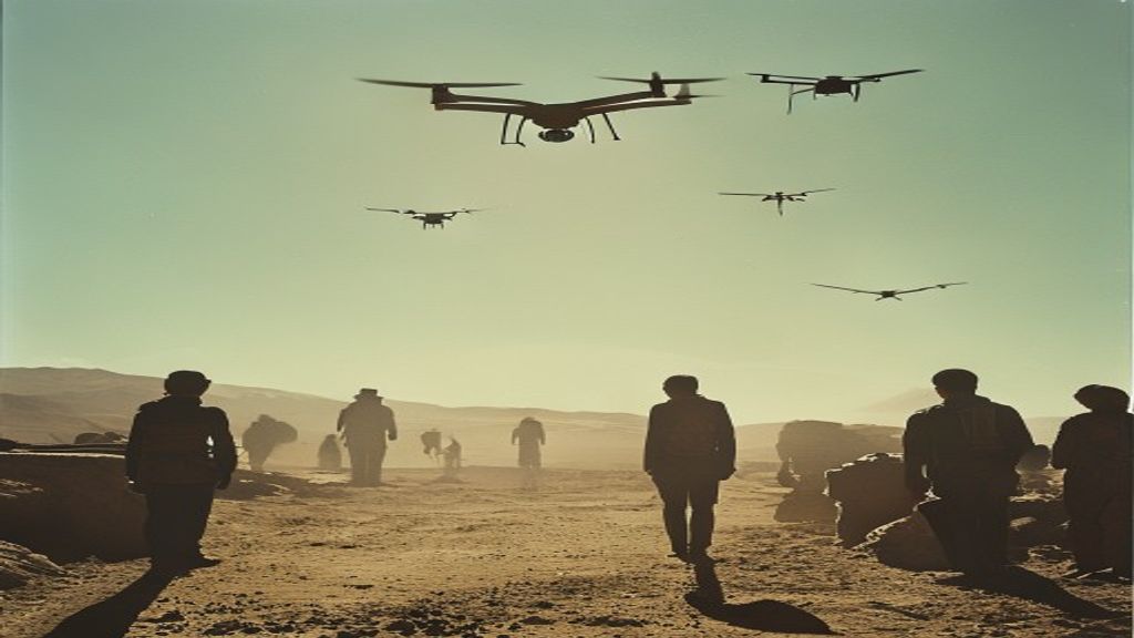 Base militar en el desierto con un dron volando