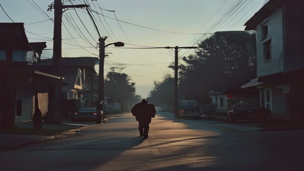 Una calle suburbana tranquila al amanecer, con una farola solitaria encendida, evocando una sensación de pérdida y reflexión.