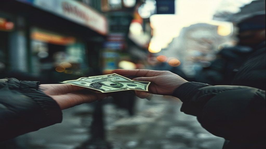 Una mano anónima intercambiando pesos argentinos por dólares estadounidenses en un entorno informal, con billetes visibles y un fondo urbano difuminado.