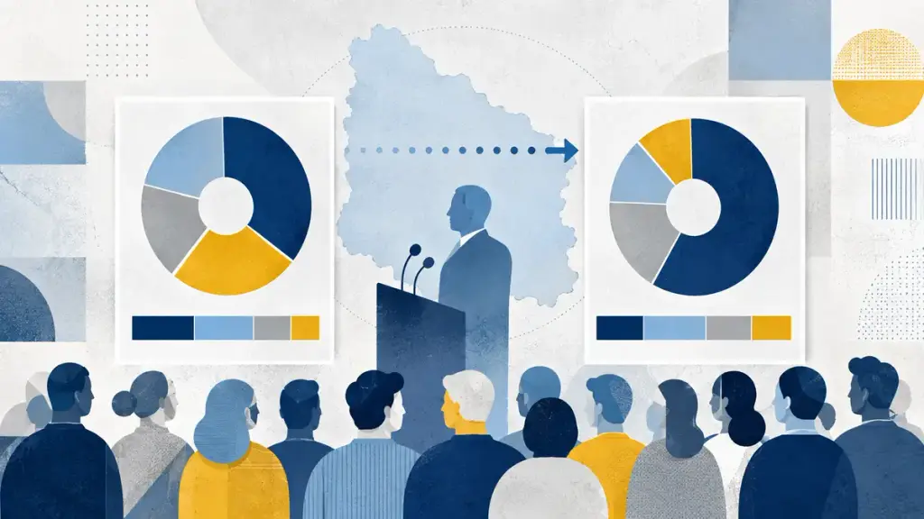 Ilustración editorial de una encuesta de opinión en Uruguay, con gráficos comparativos y figuras ciudadanas frente a un mapa del país.