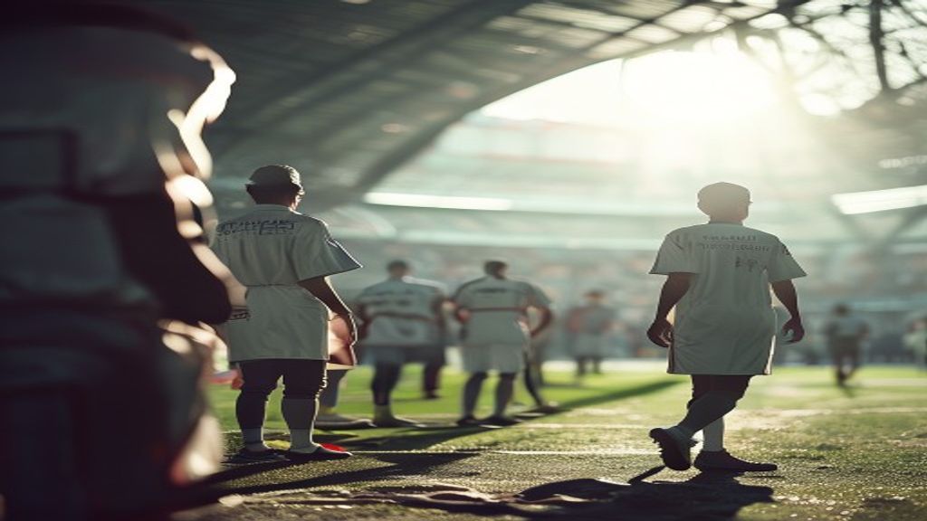 Personal médico de un equipo de fútbol atendiendo a un jugador en el campo de juego durante un partido, con un estadio de fondo.