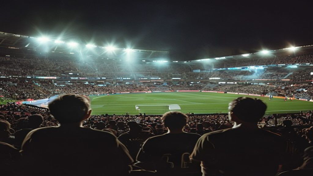 Vista panorámica de un estadio de fútbol lleno durante una semifinal del Mundial, con los equipos en el campo y la multitud animando bajo las luces.