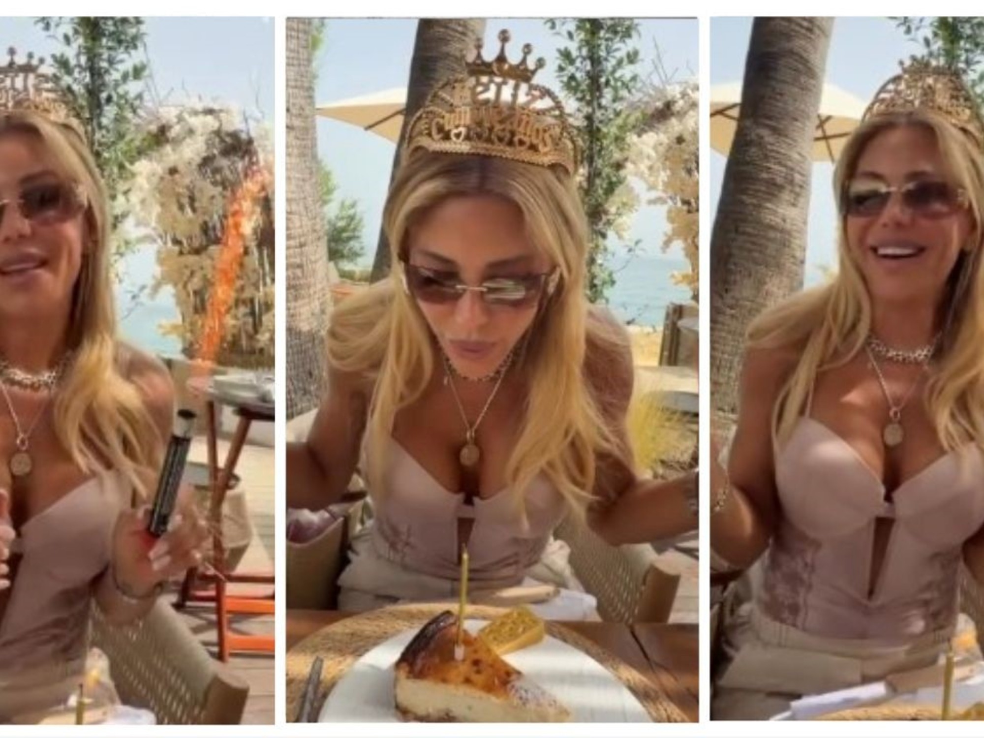 Evangelina Anderson celebrando su cumpleaños en Marbella, rodeada de su familia en un restaurante con vista al mar. Foto: La Nación