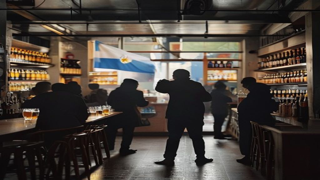 Foto de una cervecería argentina con bandera argentina y personas disfrutando de cerveza Quilmes