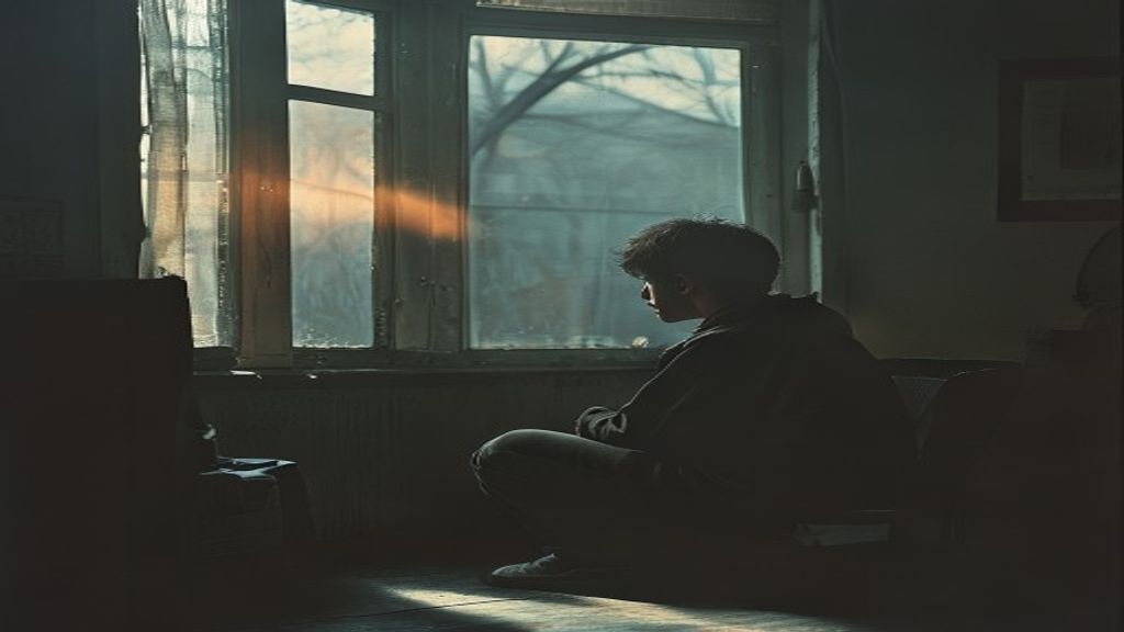 Una persona sentada sola en una habitación con luz tenue, mirando por una ventana, evocando introspección y soledad, simbolizando la lucha con la salud mental.