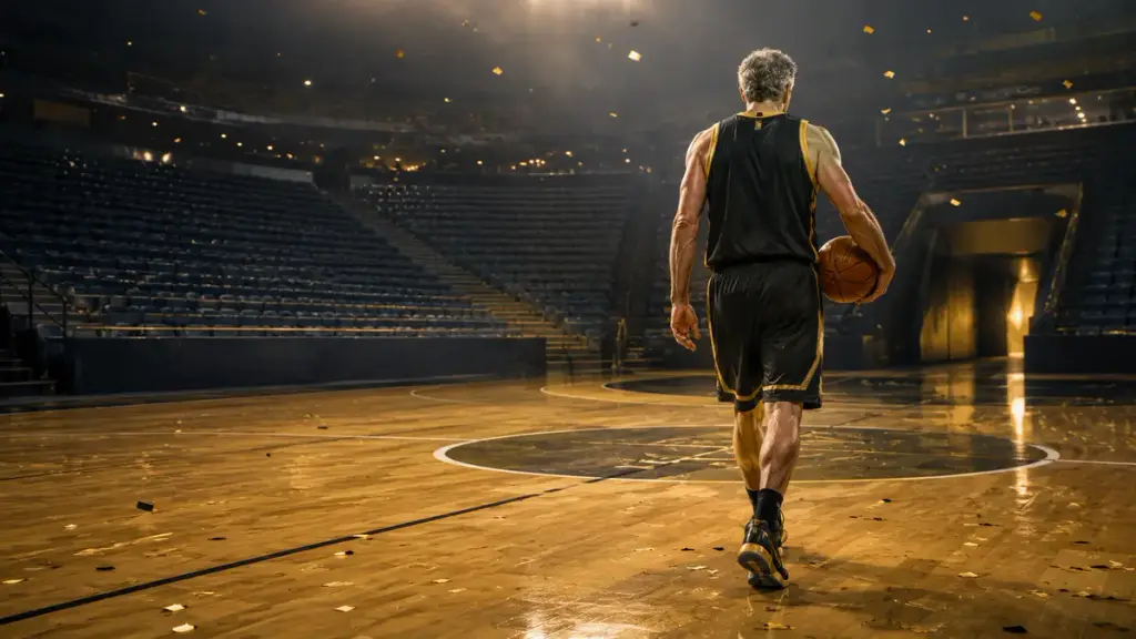 Ilustración editorial de un veterano basquetbolista caminando hacia el túnel de un estadio vacío después de su último partido.