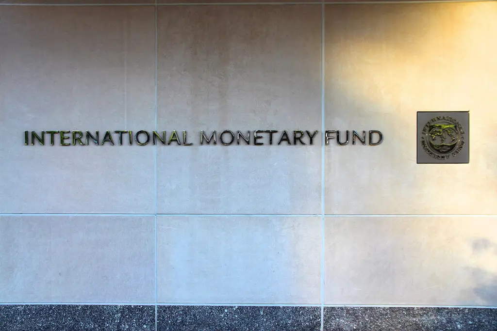 Letras con el nombre del Fondo Monetario Internacional y su sello en la fachada de la sede del organismo en Washington. Foto: Marek Slusarczyk / Wikimedia Commons (CC BY 3.0) (archivo)