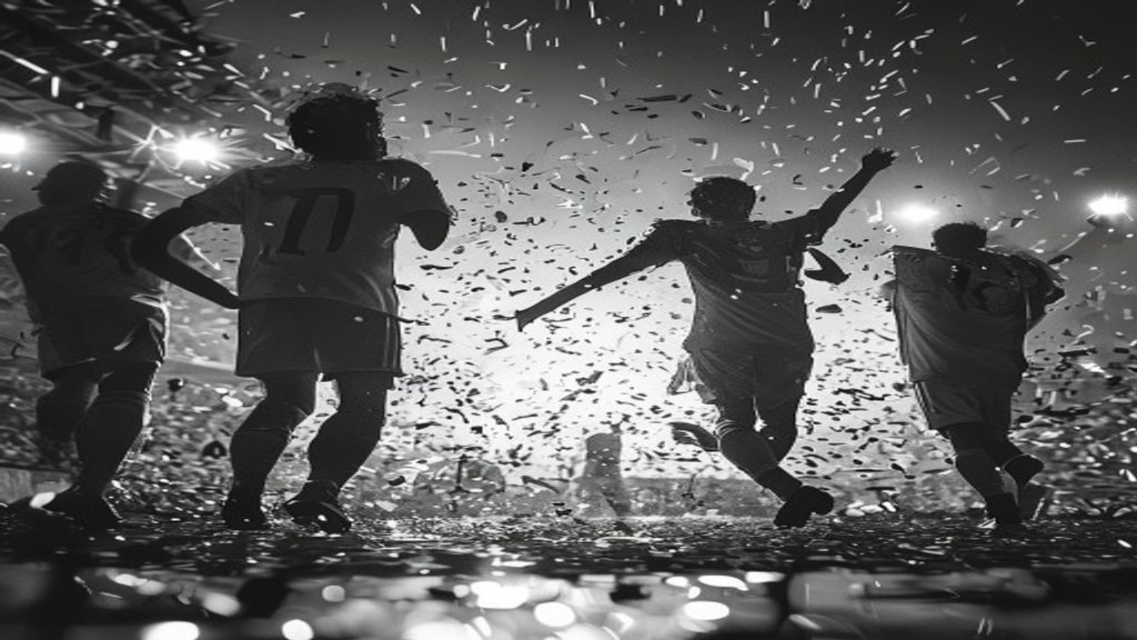 Ilustración monocromática de siluetas de futbolistas celebrando bajo una lluvia de papelitos en un estadio lleno.
