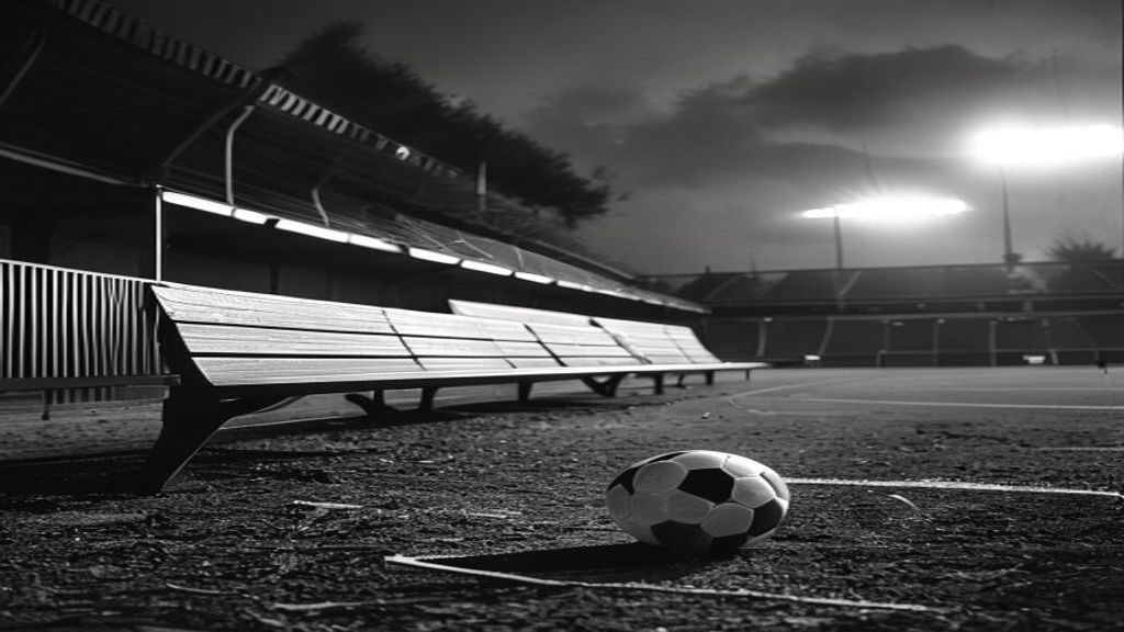 Ilustración en blanco y negro de un banquillo de selección y un balón bajo focos de estadio.