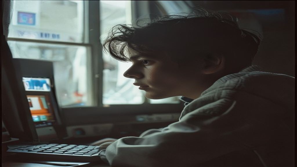 Joven sentado frente a una computadora con una expresión de tristeza