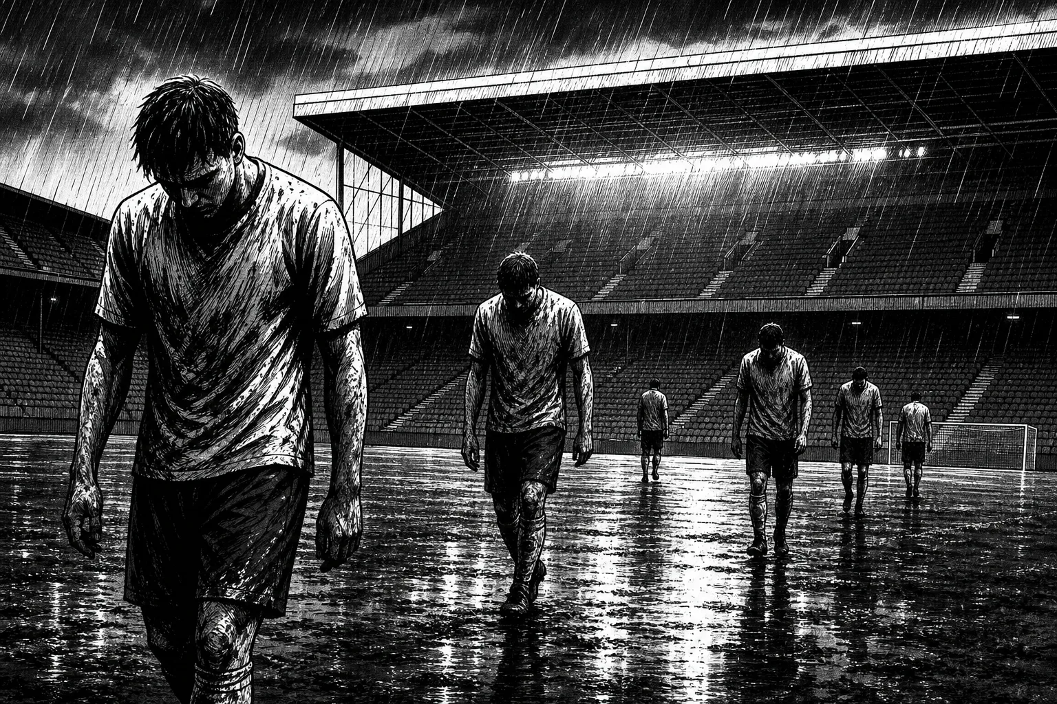 Ilustración en blanco y negro de futbolistas bajando la cabeza bajo la lluvia al salir de la cancha.