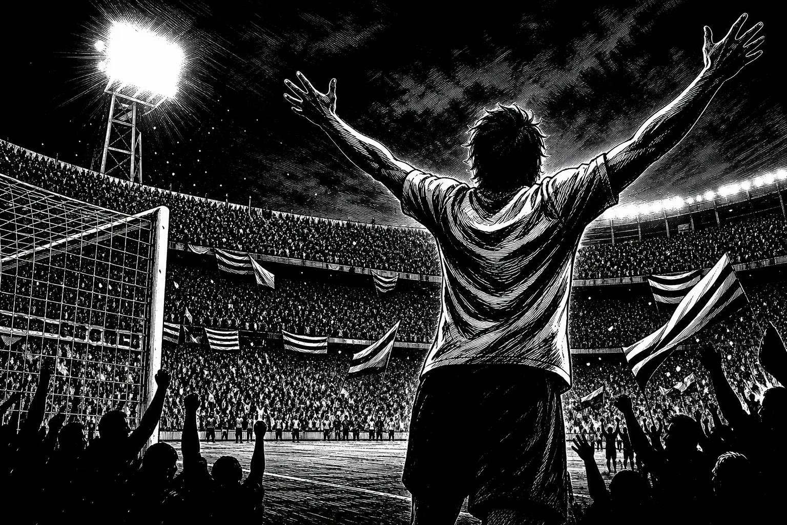 Ilustración editorial en blanco y negro de un futbolista celebrando ante una tribuna iluminada.