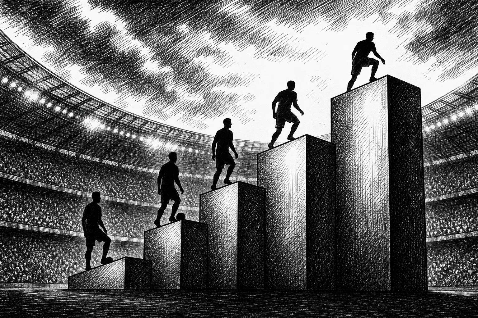 Ilustración monocromática de plataformas ascendentes con siluetas de futbolistas hacia un podio en un estadio.