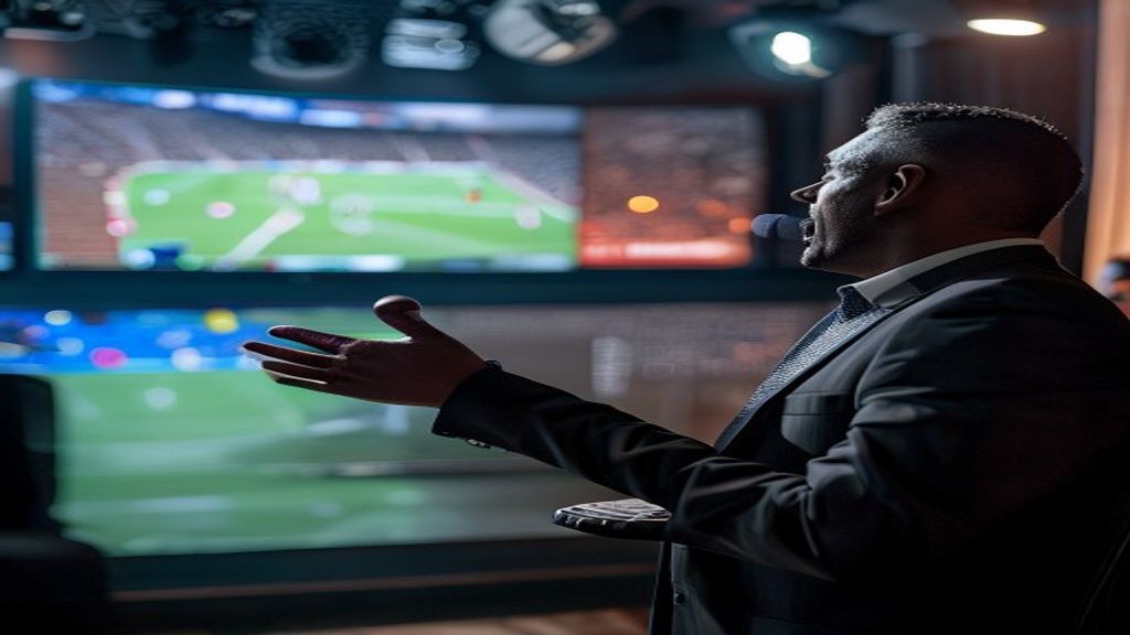 Un comentarista de fútbol en un estudio de televisión, gesticulando mientras analiza un partido en una pantalla grande, con otro analista escuchando.