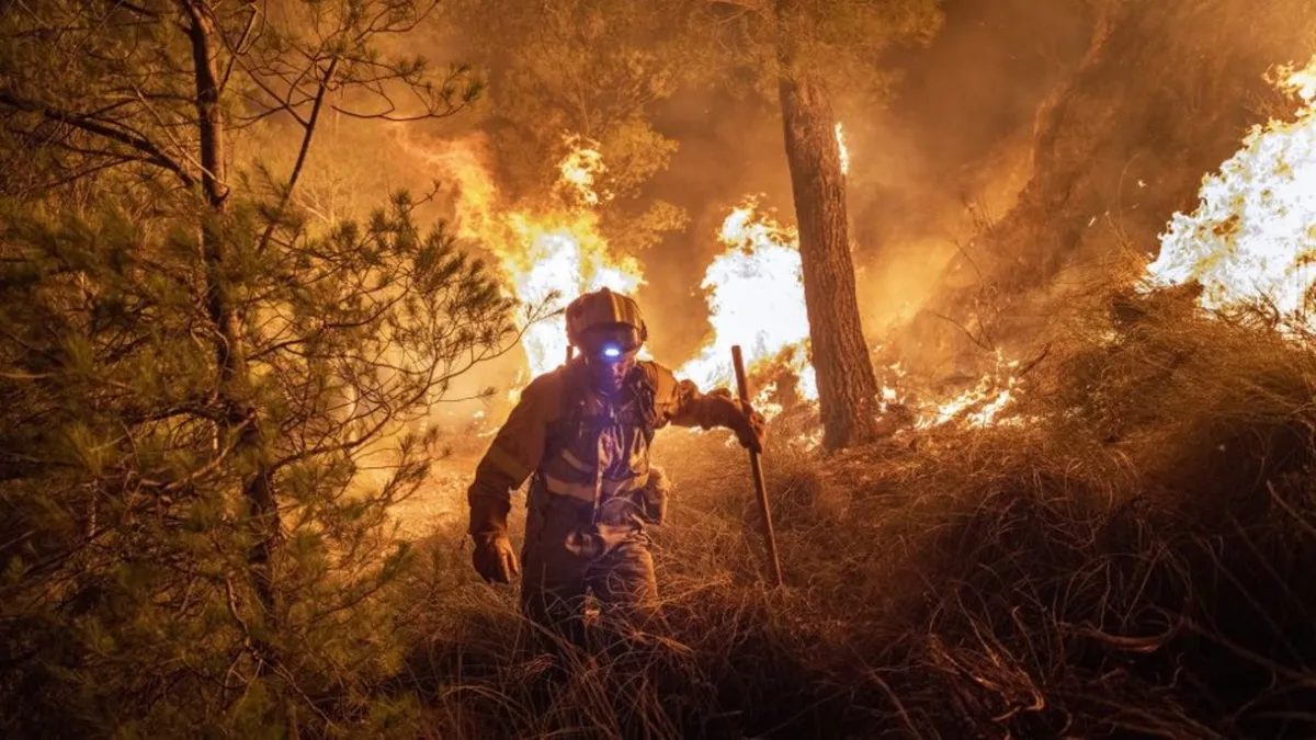 Vista aérea de incendios forestales en España con humo y equipos de respuesta de emergencia. Foto: Ámbito