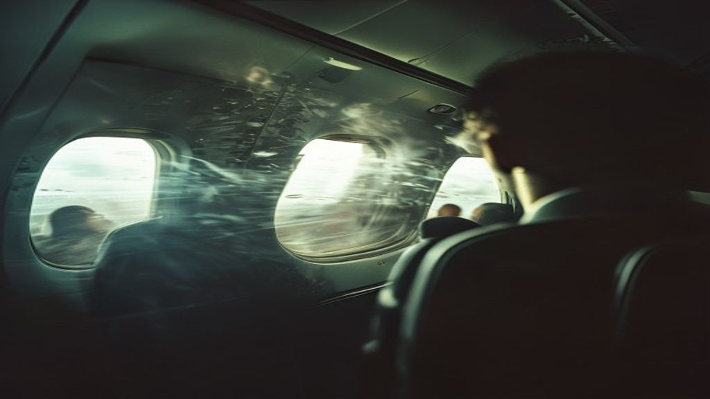 Vista interior de la cabina de un avión con una ventanilla rota y signos de descompresión, con pasajeros en estado de conmoción.