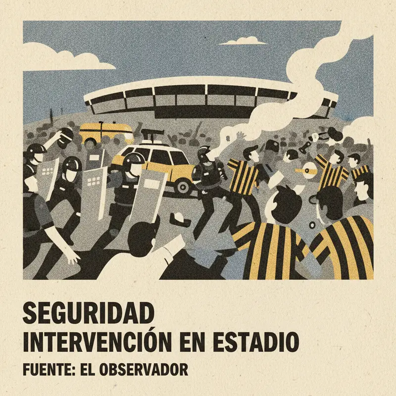 Ilustración editorial: Incidentes en el Campeón del Siglo: Cinco detenidos, cuatro policías heridos y un hallazgo clave en la tribuna Cataldi. Nación UY