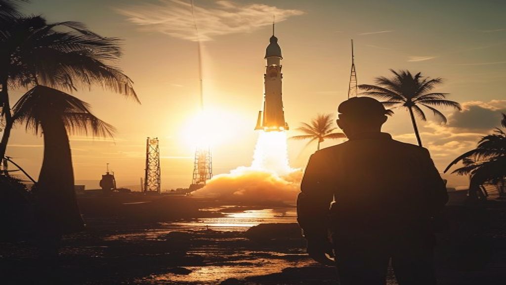 Cohete espacial despegando desde una plataforma de lanzamiento