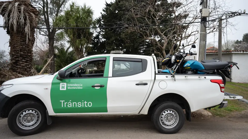 Camioneta de Tránsito de la Intendencia de Montevideo con una moto incautada en la caja, durante un operativo (archivo). Foto: Santiago Mazzarovich / Intendencia de Montevideo (CC BY-SA 4.0)