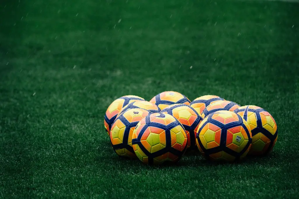 Varias pelotas de fútbol sobre el césped, con lluvia. Foto: Unsplash