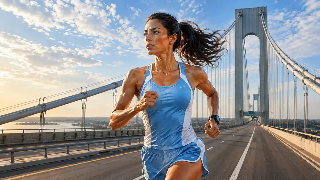 Corredora uruguaya de elite con camiseta celeste y blanca avanza por el puente Verrazzano-Narrows durante una maratón en Nueva York.