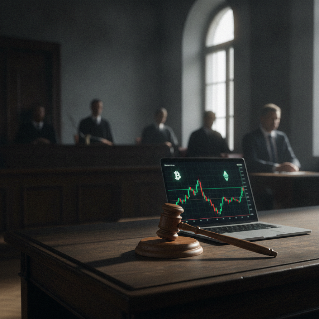 Un mazo de juez sobre un escritorio junto a una computadora portátil que muestra gráficos de criptomonedas, simbolizando la intervención judicial en el mundo digital.