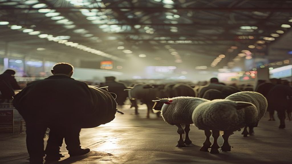 Una vaca y un carnero, los primeros ejemplares en ingresar a la Exposición Rural de Palermo, siendo guiados por sus cuidadores en el predio ferial.