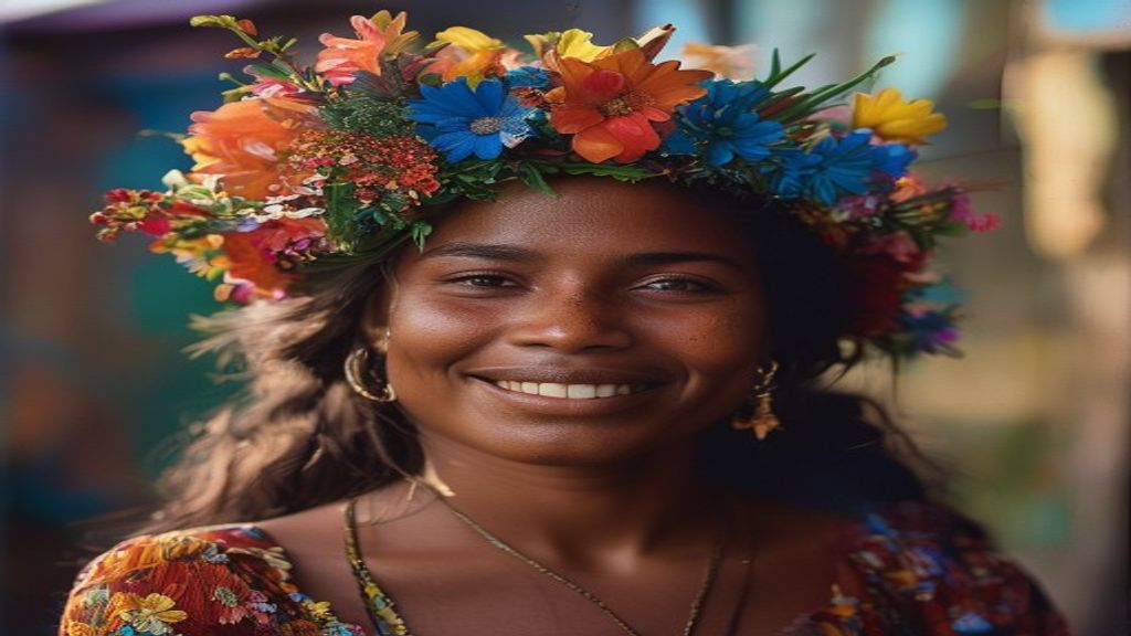 Una mujer jamaicana sonriente y con una corona de flores en la cabeza