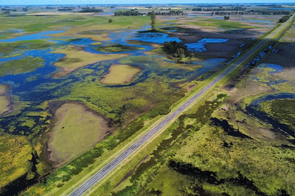 Un camino rural entre campos anegados. Foto: La Nación